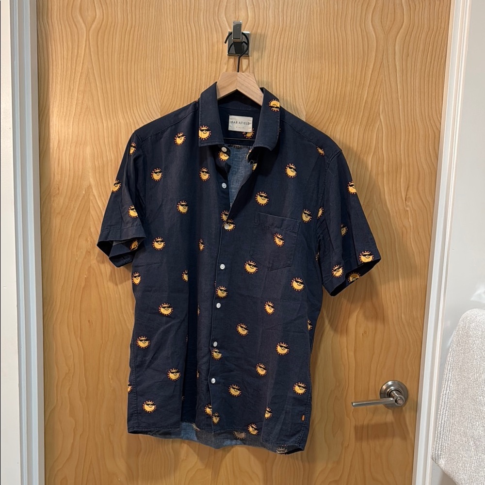 Navy Blue Short Sleeve Shirt with Orange Accents